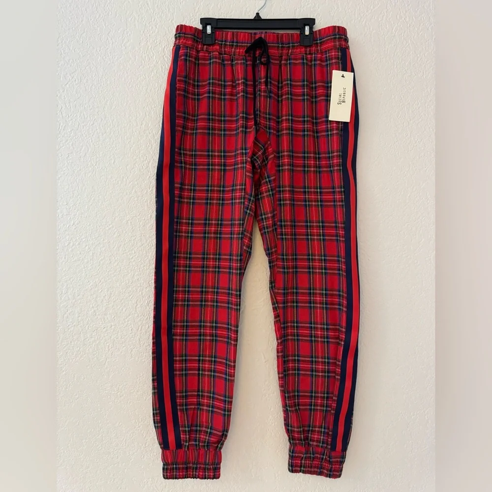 Social Republic Red Plaid Jogger Pants Side Stripe Drawstring